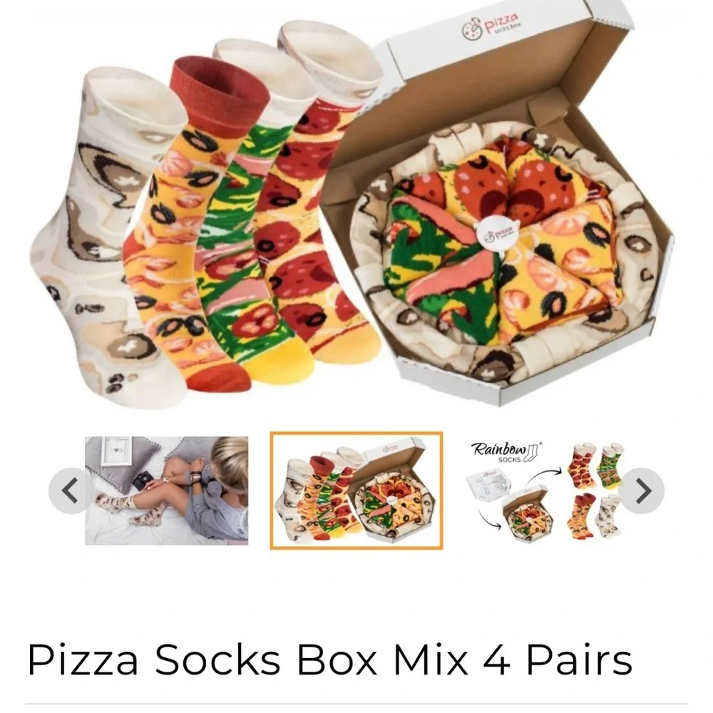 Pizza Box Socks 4pairs MIX Hawaii Italian Pepperoni Cotton Blend US Sz5.5-9